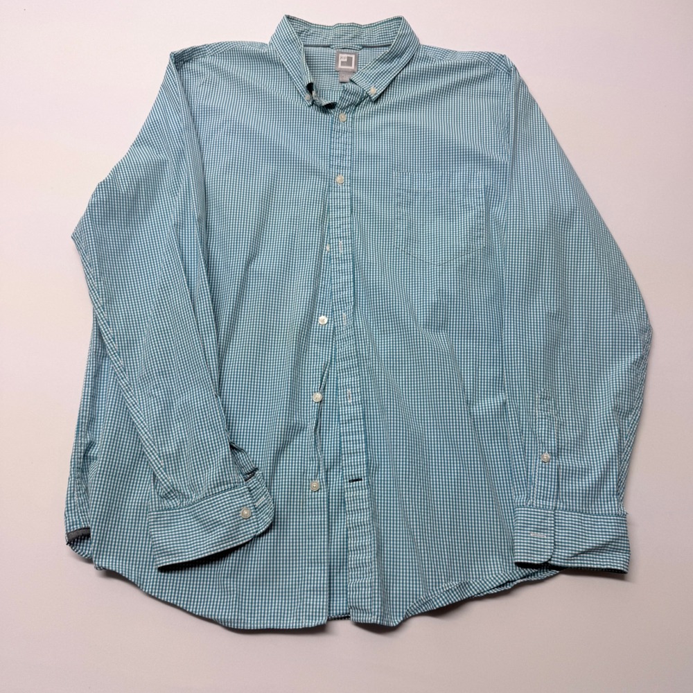 JCP Mens XXL Teal Gingham Check Button Down Shirt 80s 2-Ply Cotton Long Sleeve